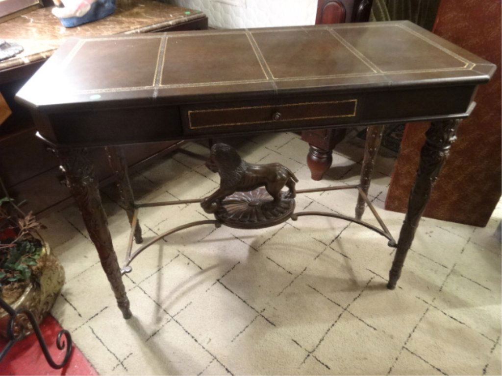 2 PC LEATHER WRAPPED WRITING DESK WITH CHAIR, GILT (1 of 10)