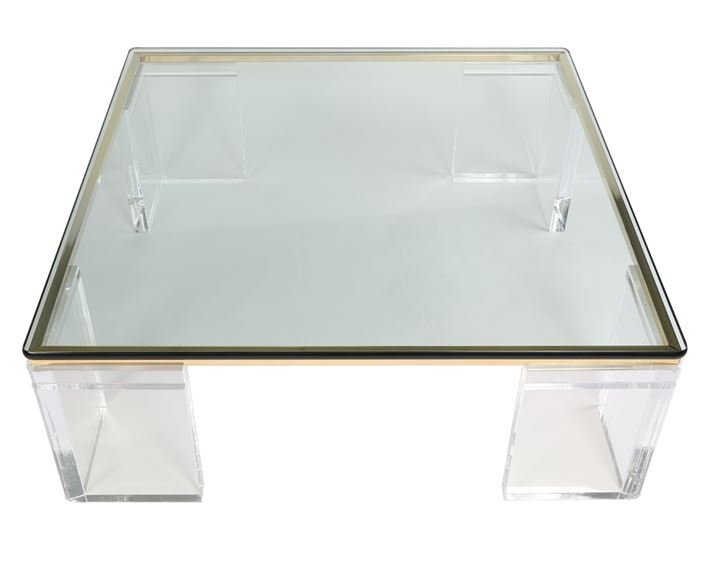 LION IN FROST SIGNED LUCITE AND BRASS COFFEE TABLE, (1 of 6)