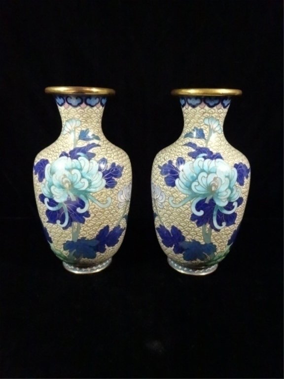 PAIR CLOISONNE VASES, BLUE FLORAL DESIGN, APPROX 7" X (1 of 7)