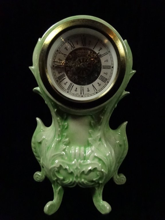 VINTAGE DIANE GREEN PORCELAIN CASE CLOCK, MARKED WEST: VINTAGE DIANE GREEN PORCELAIN CASE CLOCK, MARKED WEST GERMANY, APPROX 6 5/8"H