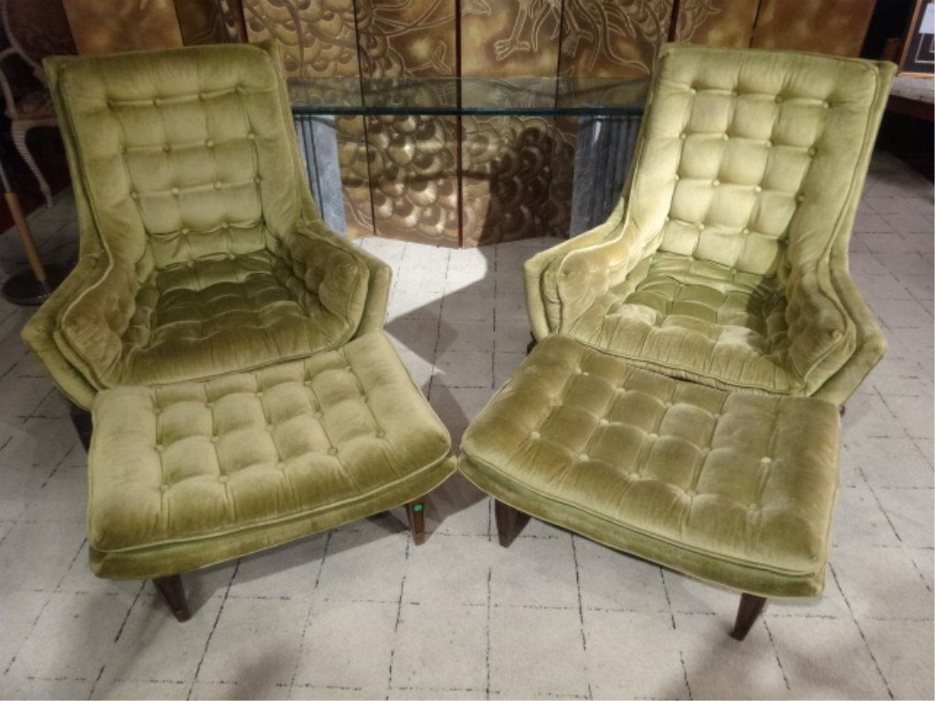 PAIR 1960's VELVET LOUNGE CHAIRS WITH OTTOMANS, BUTTON (1 of 10)