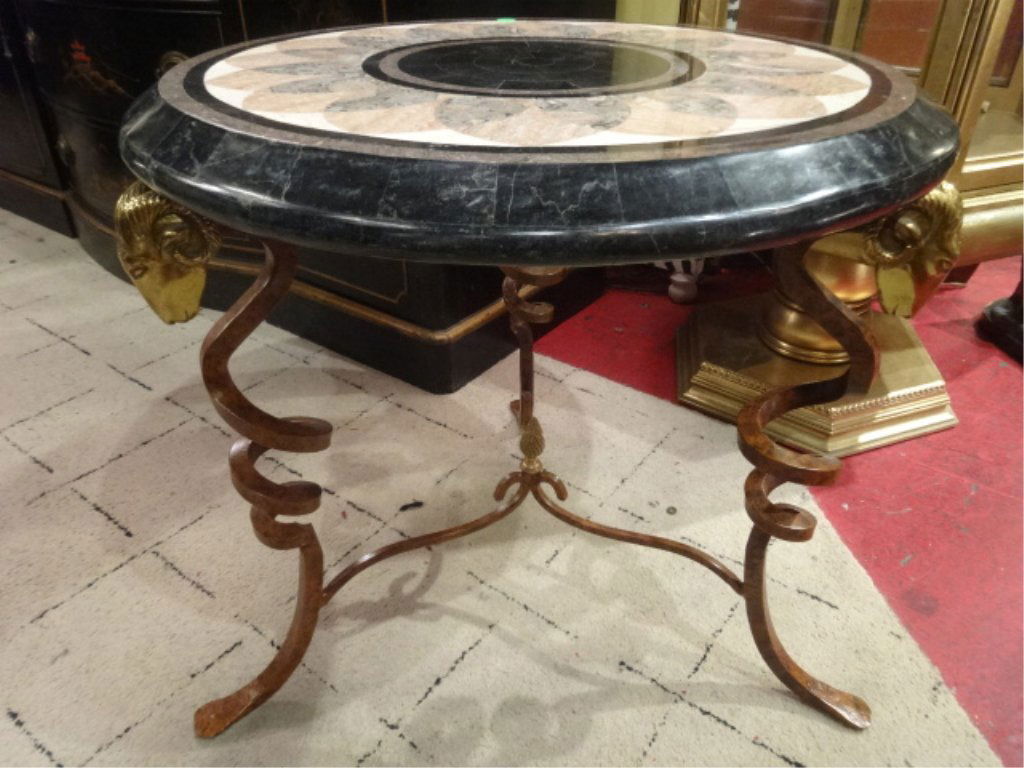 MAITLAND SMITH RAM'S HEAD TABLE, INLAID MARBLE TOP, (1 of 9)