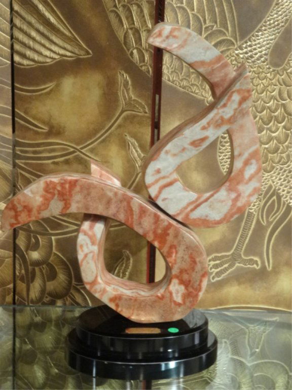 CARVED ABSTRACT MARBLE SCULPTURE, ON BASE, INSCRIBED (1 of 7)