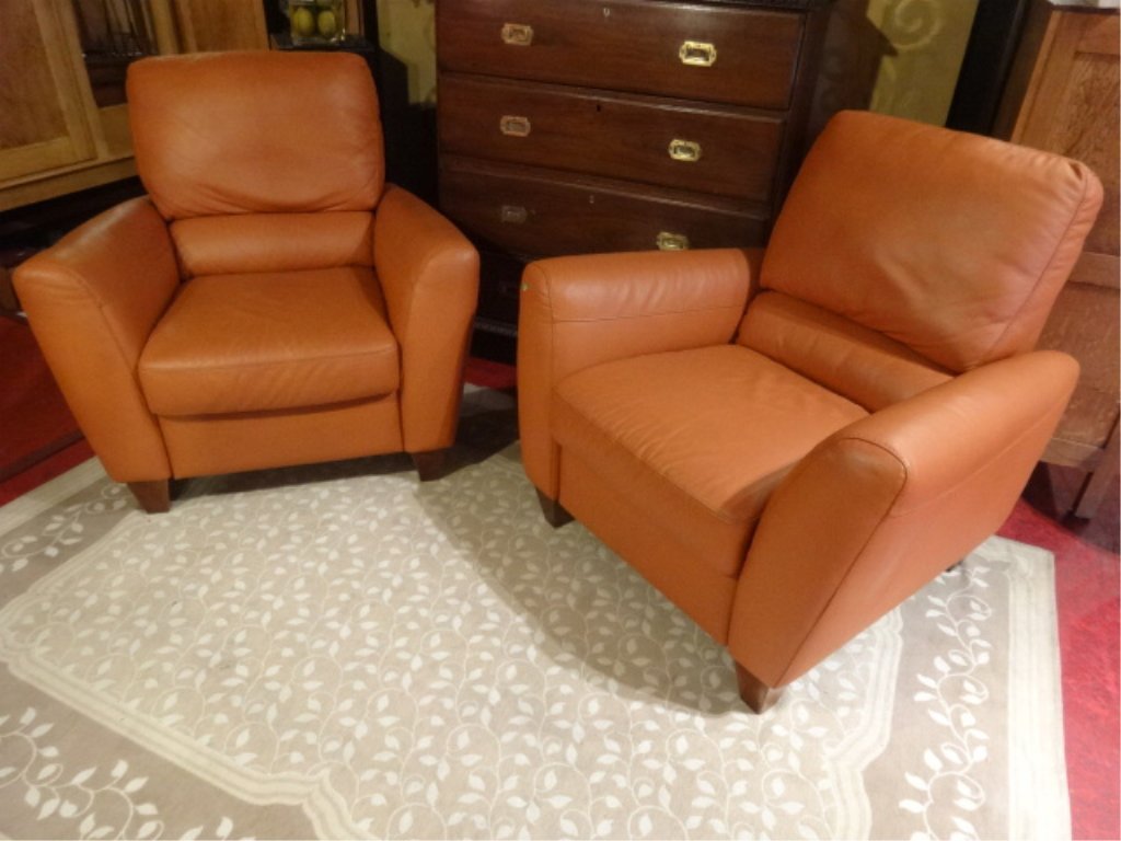 PAIR MODERN LEATHER RECLINING ARMCHAIRS, TERRA COTTA (1 of 7)