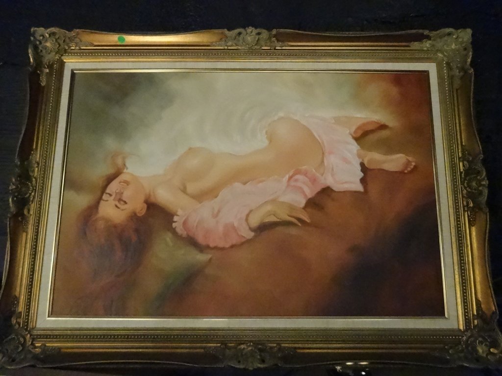 FRAMED OIL PAINTING ON CANVAS, RECLINING NUDE WOMAN,: FRAMED OIL PAINTING ON CANVAS, RECLINING NUDE WOMAN, FRAMED SIZE APPROX 3' X 4'