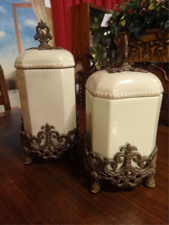 2 PC PORCELAIN AND METAL CANISTER SET WITH ORNATE METAL (1 of 5)