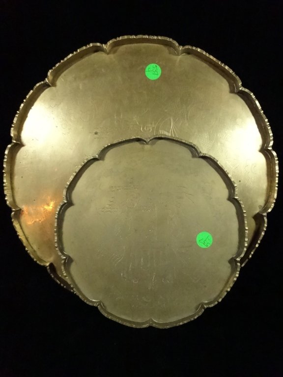 2 CHINESE BRASS ETCHED TRAYS, APPROX 13" DIAMETER & (1 of 4)