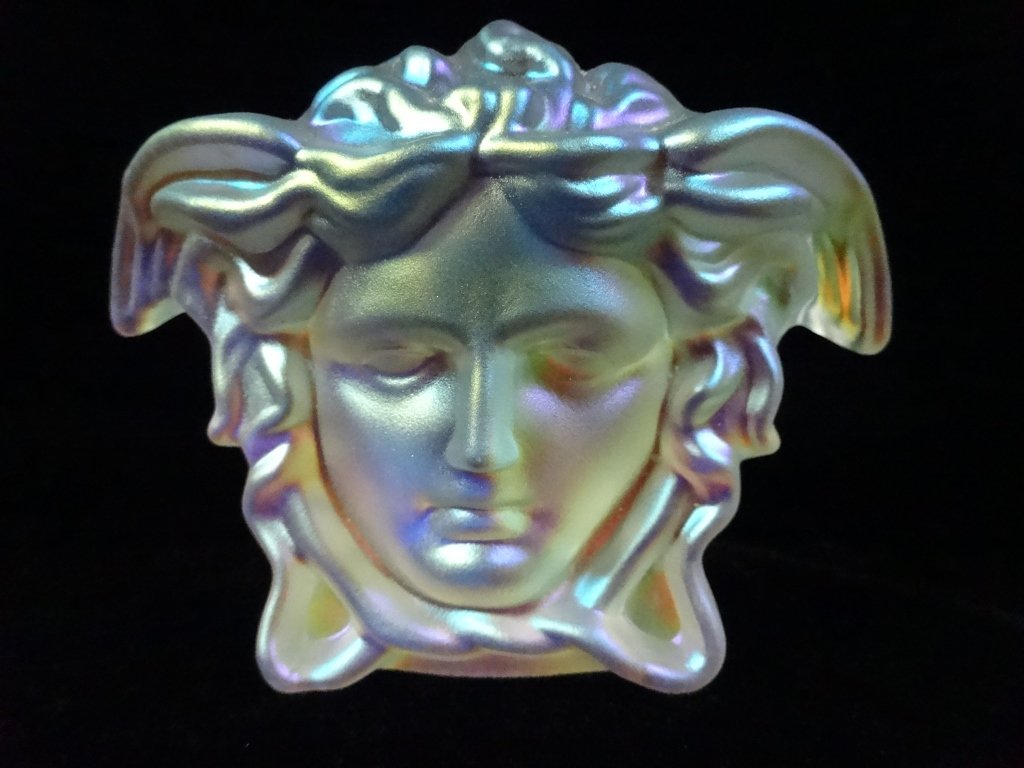ROSENTHAL VERSACE GORGONA MEDUSA HEAD PAPERWEIGHT,: ROSENTHAL VERSACE GORGONA MEDUSA HEAD PAPERWEIGHT, IRIDESCENT, APPROX 4.5" X 2.75" X 3.25"