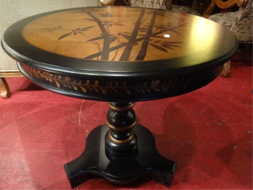 BLACK AND GOLD FINISH PEDESTAL TABLE, PAINTED BAMBOO (1 of 7)