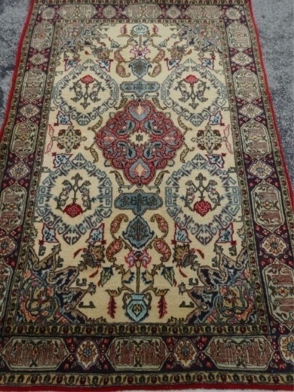 LARGE PERSIAN WOOL RUG, RED BORDER AND MEDALLION, IVORY (1 of 8)