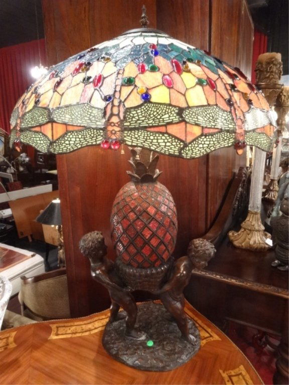 LARGE TIFFANY STYLE STAINED GLASS LAMP, DRAGONFLY DOME (1 of 10)