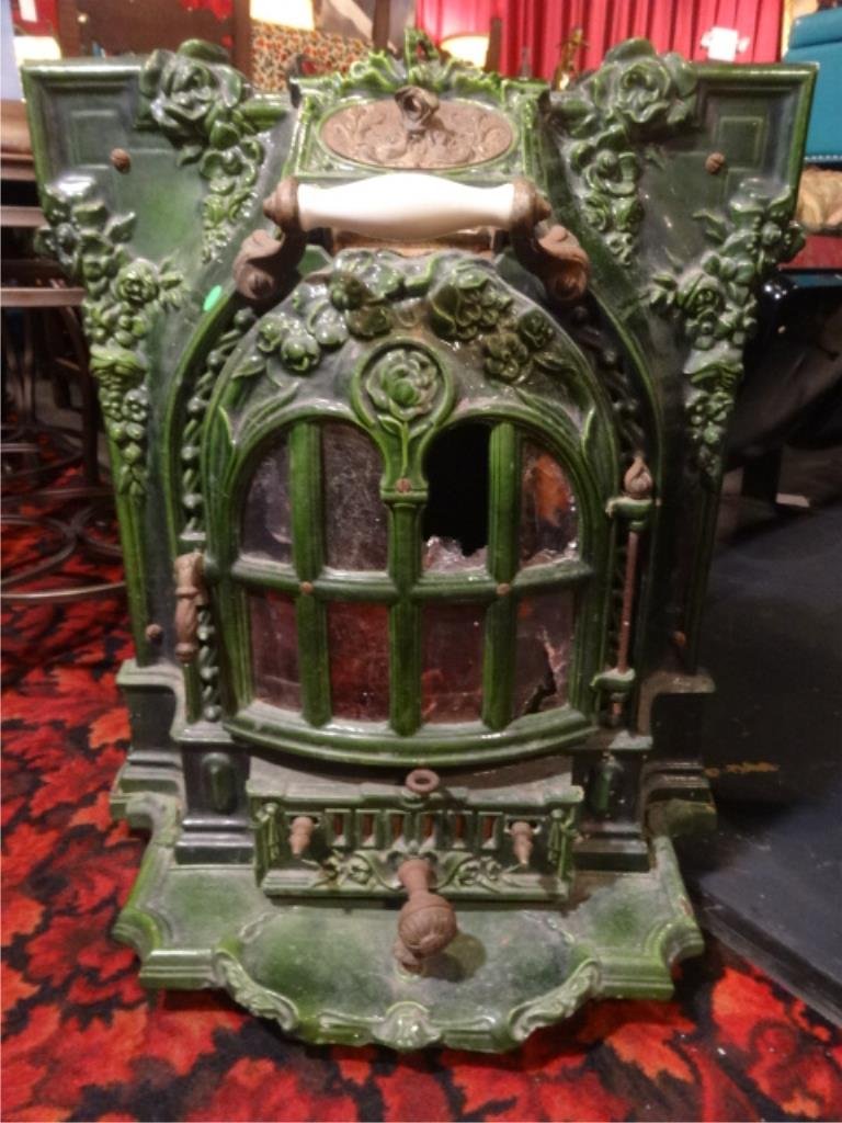 ANTIQUE IRON COAL BURNING STOVE, GREEN ENAMEL FINISH, (1 of 6)