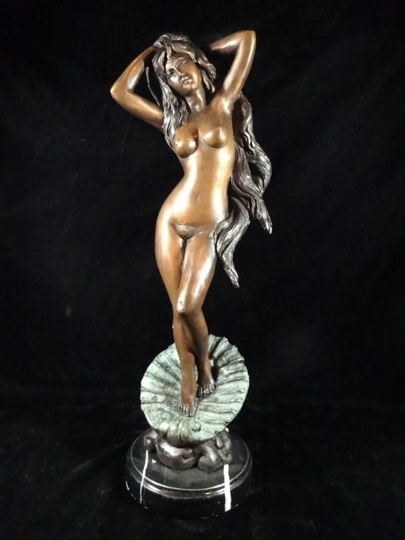 BRONZE SCULPTURE, NUDE WOMAN, BIRTH OF VENUS, APPROX: BRONZE SCULPTURE, NUDE WOMAN, BIRTH OF VENUS, APPROX 17"H