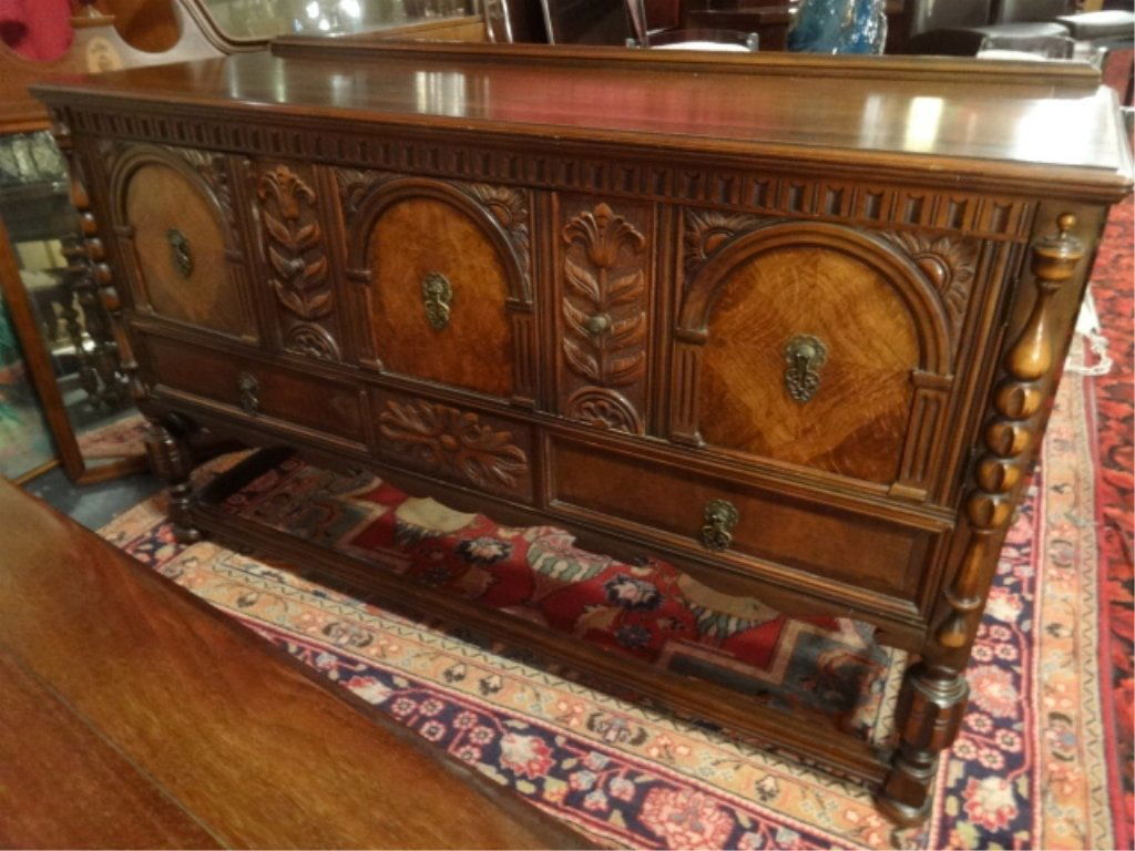 ANTIQUE WOOD SIDEBOARD WITH BRASS PULLS, CARVED DOOR (1 of 8)