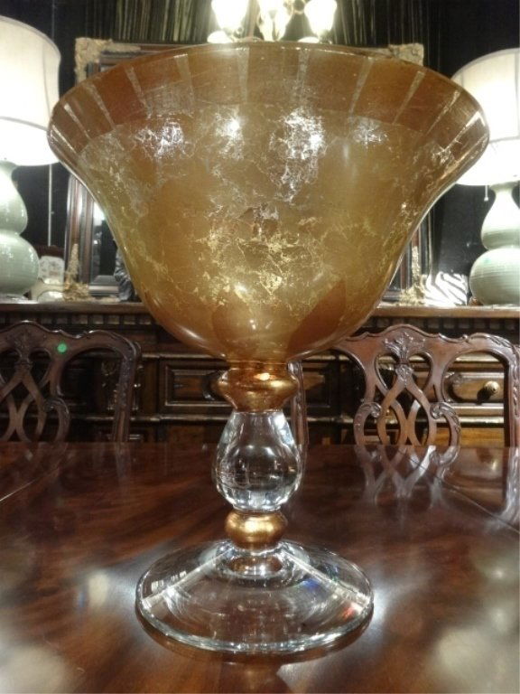 LARGE GOLD ART GLASS CENTERPIECE PEDESTAL BOWL, CLEAR (1 of 6)