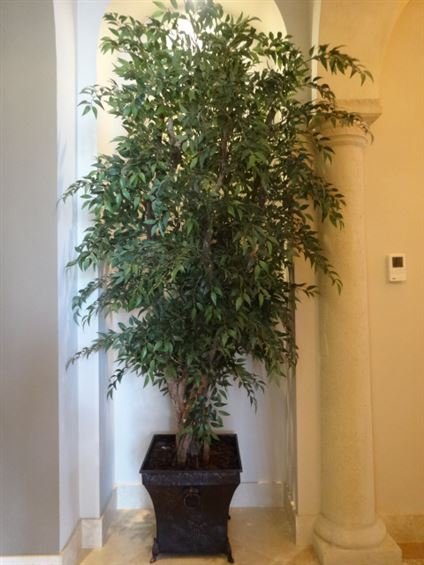 LARGE SILK FAUX TREE IN RATTAN PLANTER, APPROX 9'H; (1 of 3)