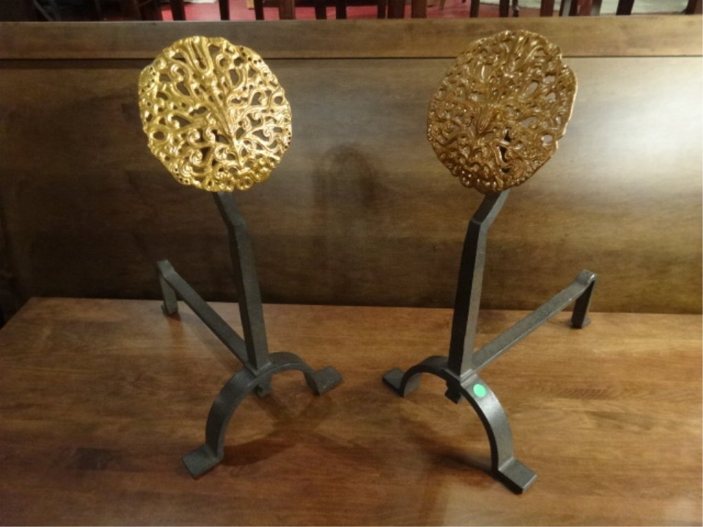 PAIR GILT METAL ANDIRONS, GOLD FINISH MEDALLIONS WITH: PAIR GILT METAL ANDIRONS, GOLD FINISH MEDALLIONS WITH FLORAL DESIGNS, APPROX 22"H, SKU545.03