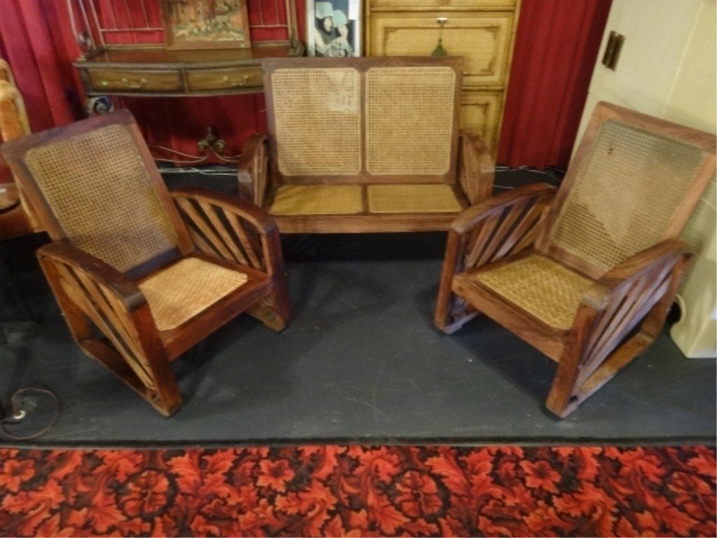 3 PC 1920's ANGLO INDIAN ART DECO TEAK SETTEE AND 2 (1 of 10)