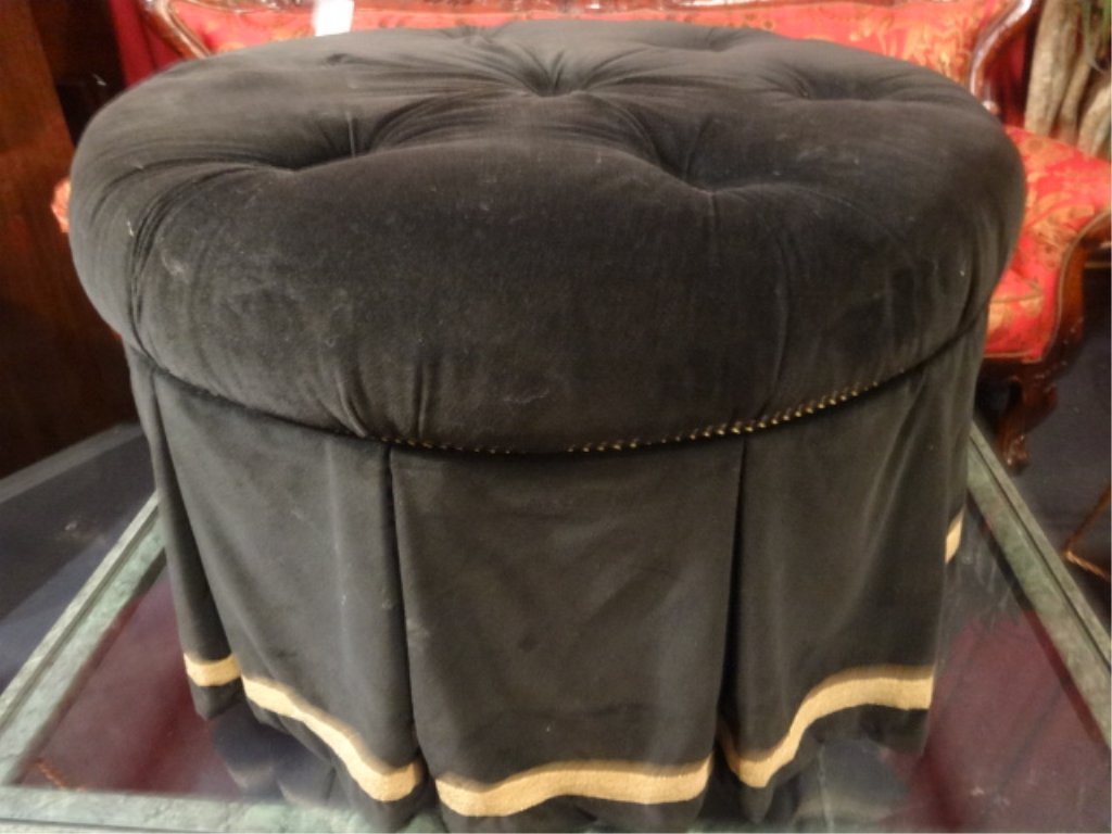 ROUND UPHOLSTERED OTTOMAN, BUTTON TUFTED TOP, DARK (1 of 6)