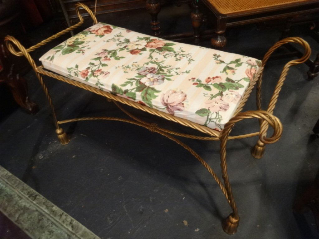 TASSEL AND ROPE FORM METAL VANITY STOOL, GOLD FINISH, (1 of 4)