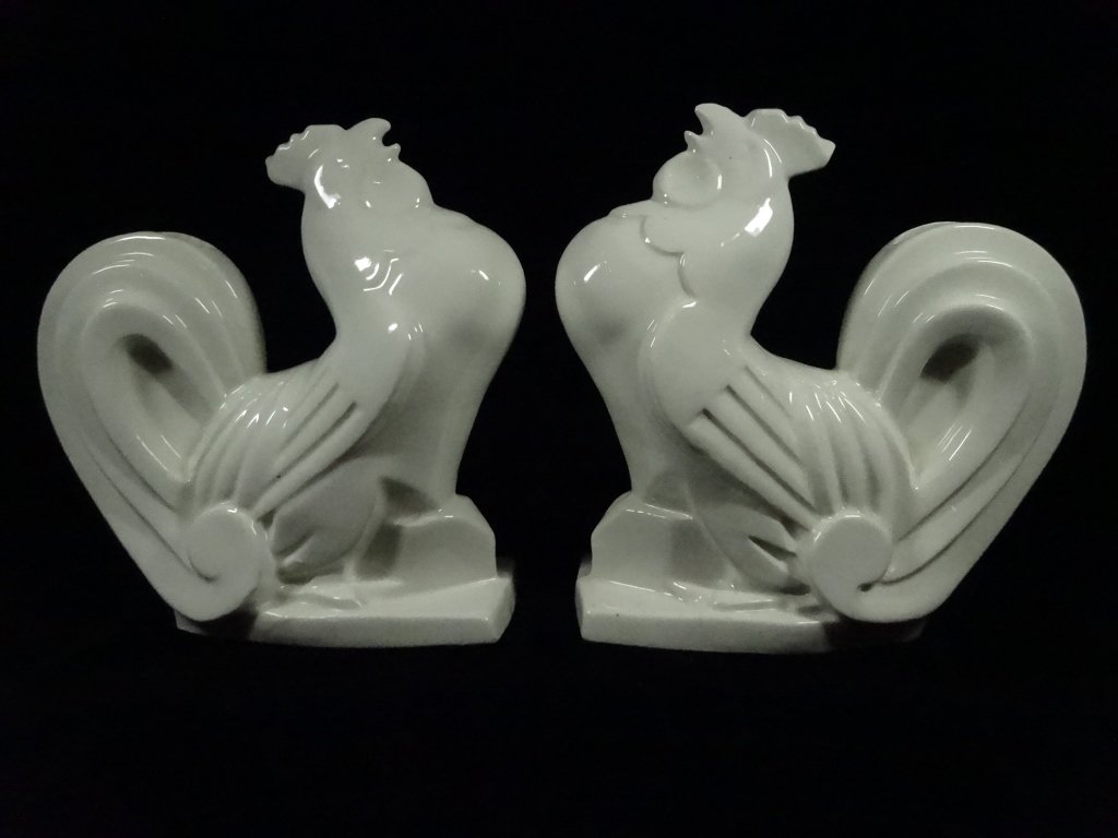 PAIR WHITE CERAMIC ROOSTER VASES, APPROX 8" X 9" (1 of 6)