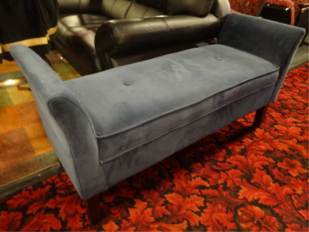 BUTTON TUFTED UPHOLSTERED BENCH, DARK FINISH WOOD LEGS, (1 of 3)