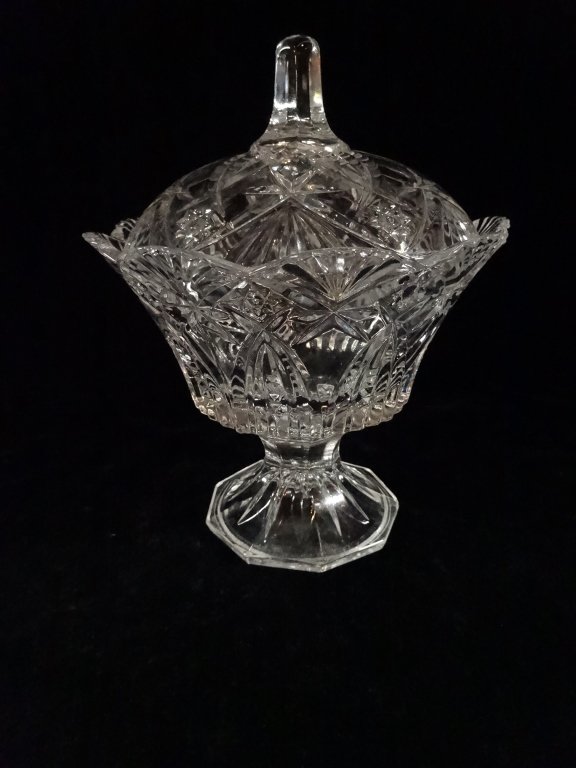 CRYSTAL CANDY DISH WITH LID, PEDESTAL BASE, APPROX 7"H (1 of 3)