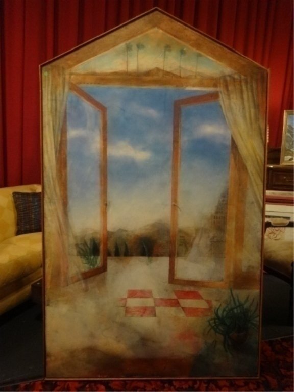 HUGE PHILIP HERSHBERGER TROMPE L'OEIL ENCAUSTIC: HUGE PHILIP HERSHBERGER TROMPE L'OEIL ENCAUSTIC PAINTING ON BOARD, WINDOW AND LANDSCAPE, SIGNED ON VERSO, APPROX 7'H X 4.5'W, SKU5319.05