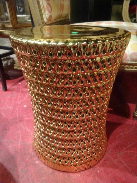 METALLIC GOLD FINISH CERAMIC TABLE OR GARDEN STOOL, (1 of 5)