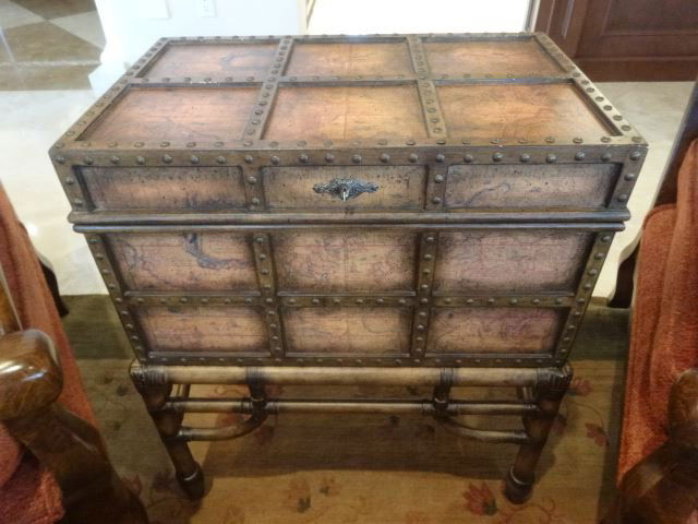 CHEST TABLE WITH ANTIQUE STYLE MAP, INTERIOR STORAGE (1 of 5)