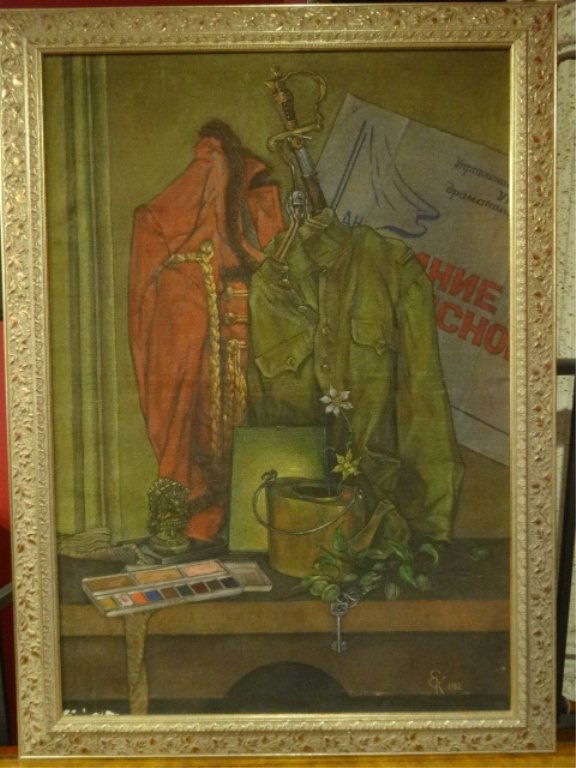 LARGE RUSSIAN/SOVIET OIL PAINTING ON BURLAP, STILL LIFE (1 of 10)
