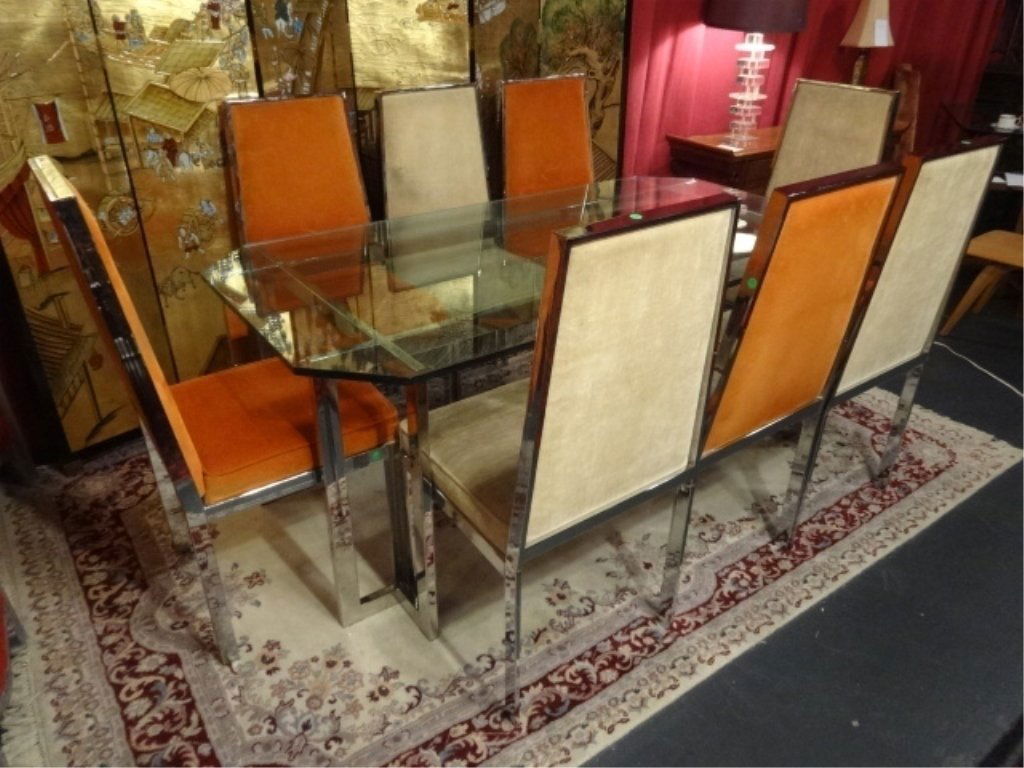 MID CENTURY FLAT BAR CHROME DINING TABLE, 8 CHAIRS, (1 of 10)