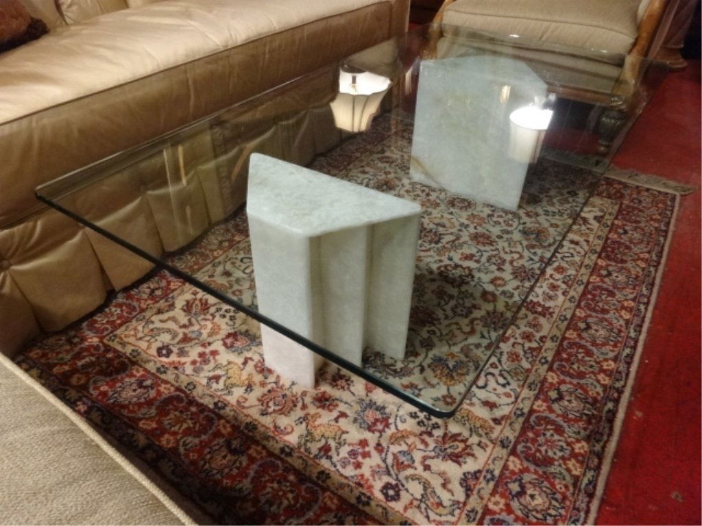 WHITE ALABASTER COFFEE TABLE, DUAL PEDESTAL BASE, (1 of 6)