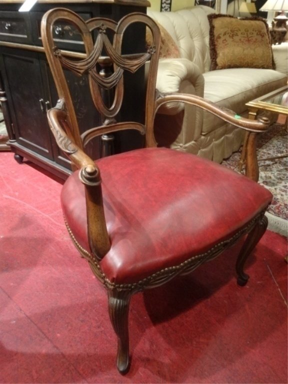 EDWARDIAN STYLE WOOD AND LEATHER ARMCHAIR, CARVED: EDWARDIAN STYLE WOOD AND LEATHER ARMCHAIR, CARVED DRAPERY SWAGS, NAILHEAD TRIM, EXCELLENT VINTAGE CONDITION, SKU481.61