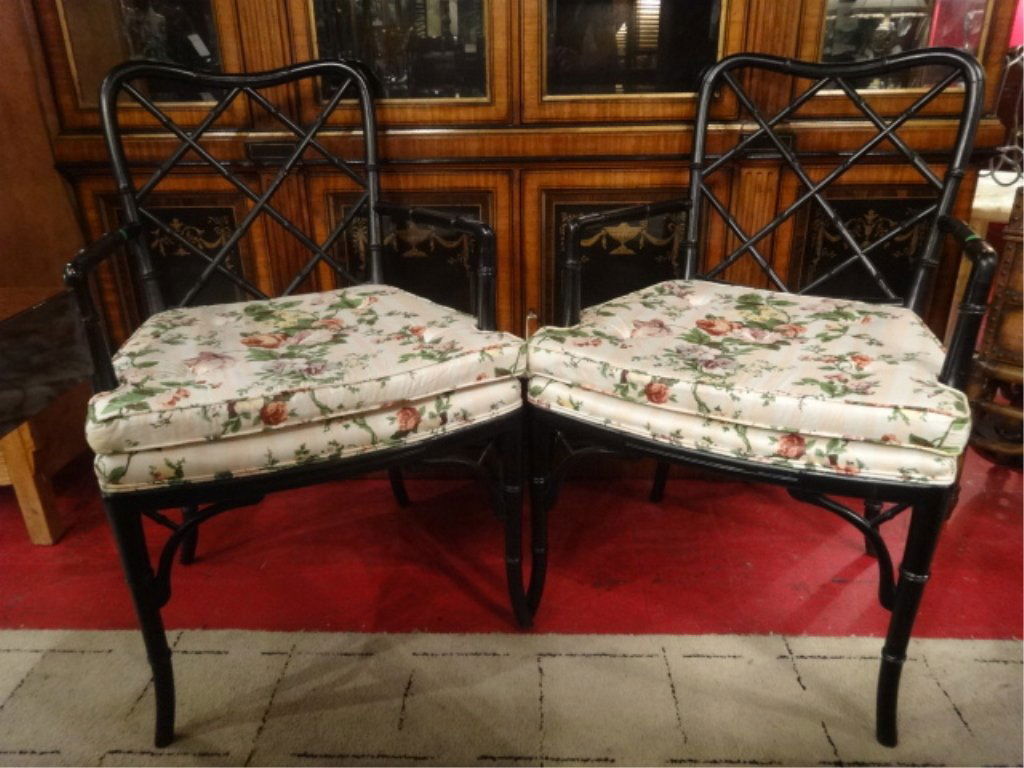 PAIR FAUX BAMBOO ARMCHAIRS, HOLLYWOOD REGENCY STYLE, (1 of 9)
