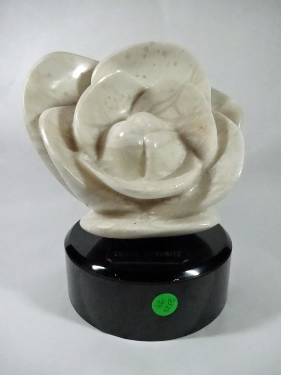 CONNIE LEFKOWITZ CARVED STONE ROSE, REVOLVES ON STAND,: CONNIE LEFKOWITZ CARVED STONE ROSE, REVOLVES ON STAND, APPROX 8.25"H