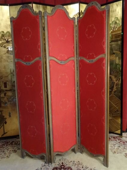 FRENCH STYLE 3 PANEL FLOOR SCREEN, RED UPHOLSTERED (1 of 10)