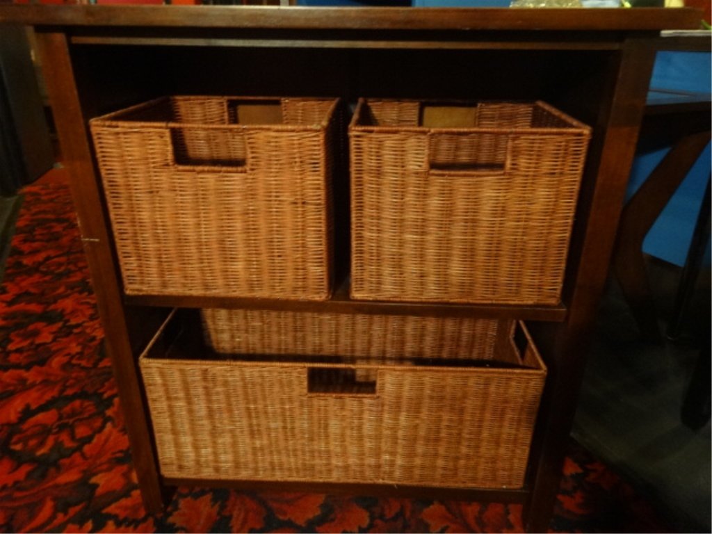 WOOD AND RATTAN CHEST, WOOD FRAME WITH 3 RATTAN BASKET: WOOD AND RATTAN CHEST, WOOD FRAME WITH 3 RATTAN BASKET DRAWERS, VERY GOOD GENTLY USED CONDITION, APPROX 25"W, SKU3553.22
