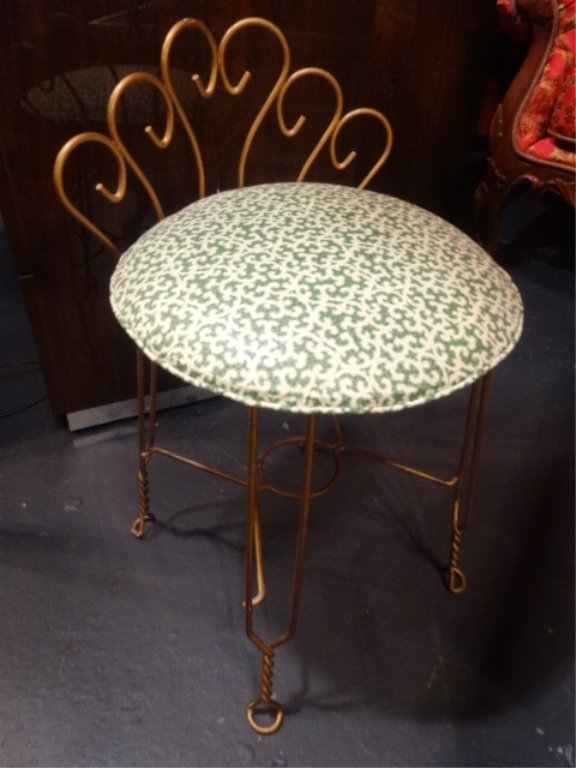 METAL VANITY STOOL, GOLD FINISH, UPHOLSTERED SEAT (1 of 3)