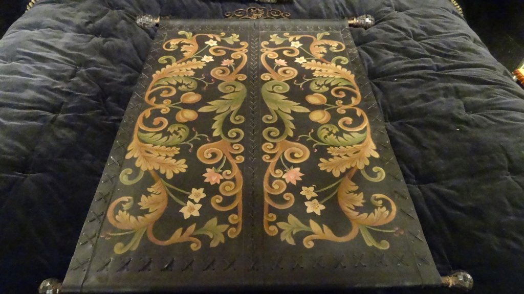 LARGE LEATHER TAPESTRY WALL HANGING, PAINTED LEAVES AND (1 of 7)