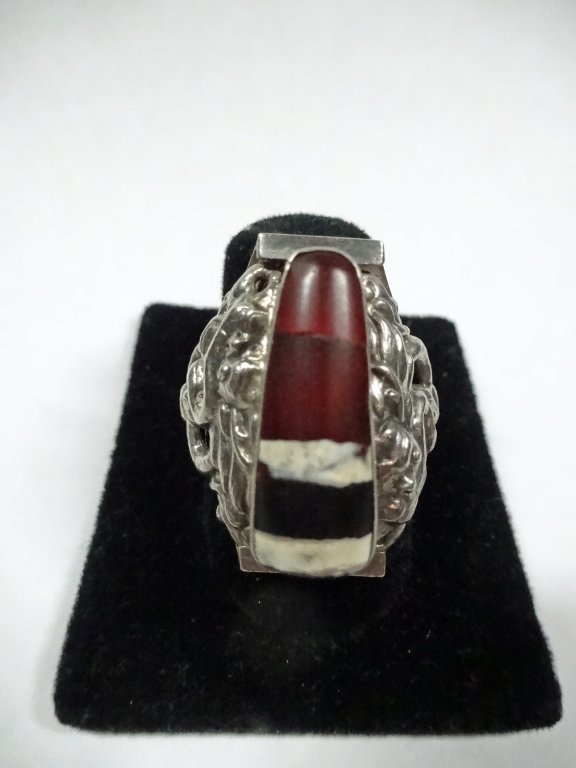 SINO-TIBETAN SILVER RING, MULTI-COLOR OBLONG STONE, (1 of 8)