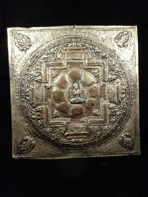 SINO-TIBETAN COPPER & SILVER FINISH METAL PLAQUE,: SINO-TIBETAN COPPER & SILVER FINISH METAL PLAQUE, BUDDHA ON LOTUS, APPROX 11.75" X 11.75"