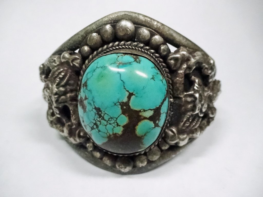 SINO-TIBETAN SILVER BRACELET WITH LARGE TURQUOISE, (1 of 5)