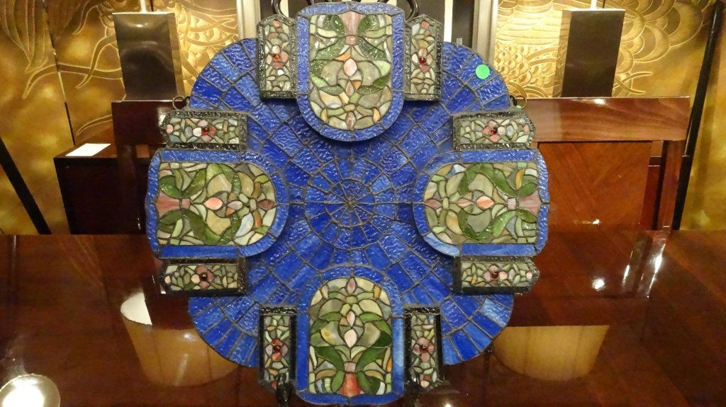 ROUND TIFFANY STYLE STAINED GLASS HANGING PANEL, LAPIS (1 of 5)