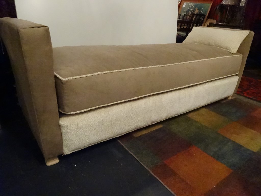 CONTEMPORARY UPHOLSTERED BENCH, TAUPE AND OFF WHITE (1 of 4)