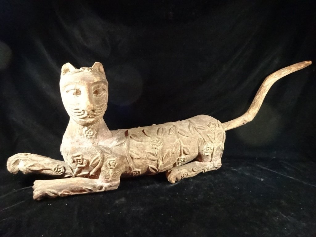 LARGE CARVED WOOD CAT SCULPTURE, FLORAL DESIGN, APPROX (1 of 10)