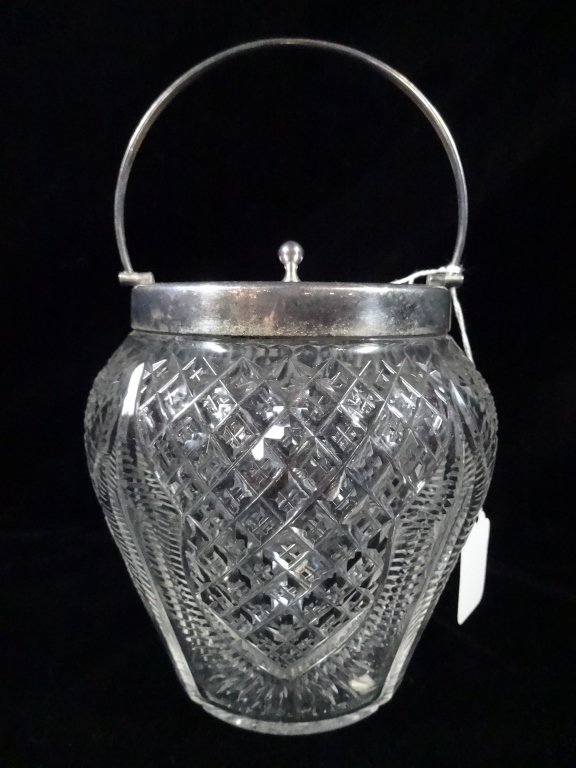 ENGLISH CRYSTAL BISCUIT JAR WITH SILVERPLATE LID, (1 of 6)
