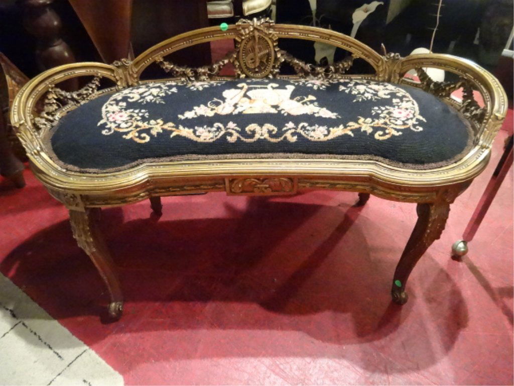 ROCOCO STYLE BENCH, GOLD FINISH, EMBROIDERED SEAT, VERY (1 of 7)