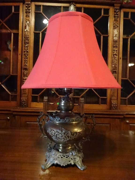 LARGE ORNATE BRASS TABLE LAMP, RED SHADE, APPROX 25"H, (1 of 6)