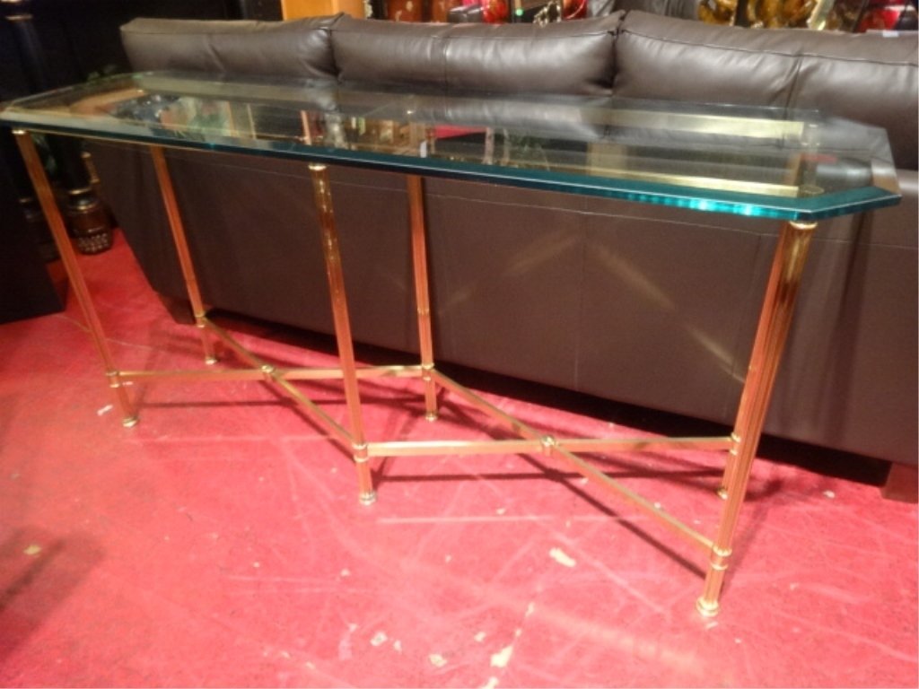 REGENCY STYLE BRASS CONSOLE TABLE, BEVELED GLASS TOP, (1 of 5)